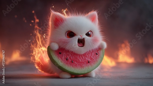 A whimsical 3D render of a fluffy white kitten with a fierce, angry expression, holding a watermelon slice. The kitten is inexplicably on fire with a fiery, dark background