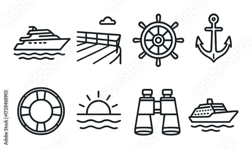 Nautical icon set with cruise ship, anchor, and steering wheel symbols on black background