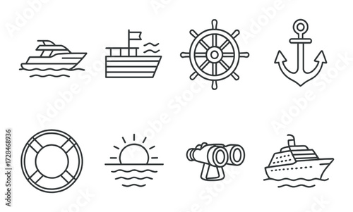 Nautical icons set featuring ship, anchor, binoculars, and steering wheel on dark background