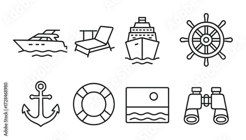 Minimalist nautical icons: yacht, deck chair, cruise ship, helm, anchor, lifebuoy, ocean view, binoculars