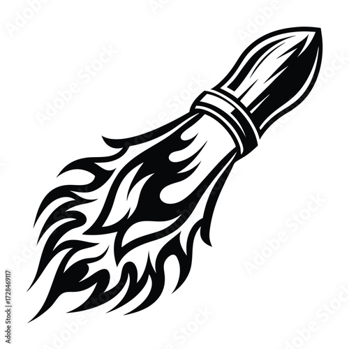 Bold black rocket surges forward leaving an iconic flame trail on white
