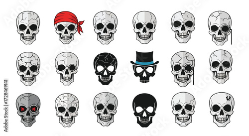 Collection of cartoon skulls with various accessories and styles.