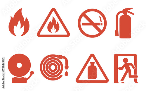 Red fire safety signs on dark background with fire extinguisher and exit indicators