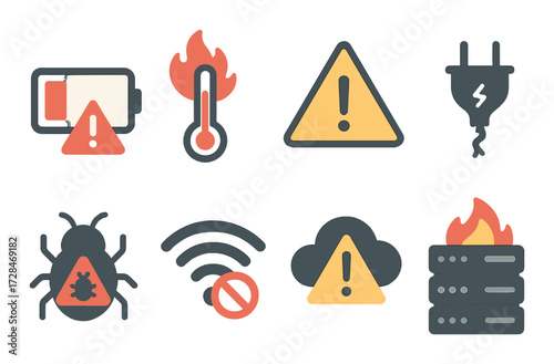 Digital alert icons: battery warning, overheating, electric hazard, and more
