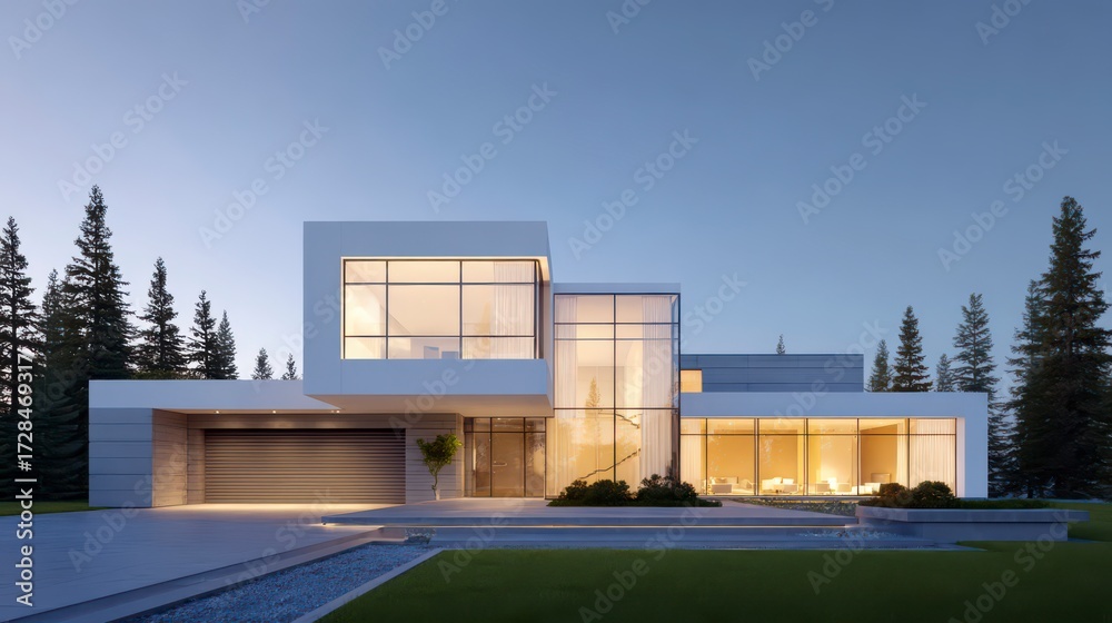 Obraz premium Modern Architectural Marvel: A stunning, contemporary house showcases sleek lines, expansive windows, and sophisticated design elements.