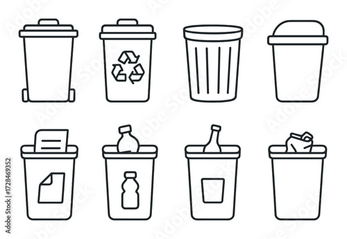 Various recycle bin icons: paper, plastic, glass, waste, and more wastebasket designs