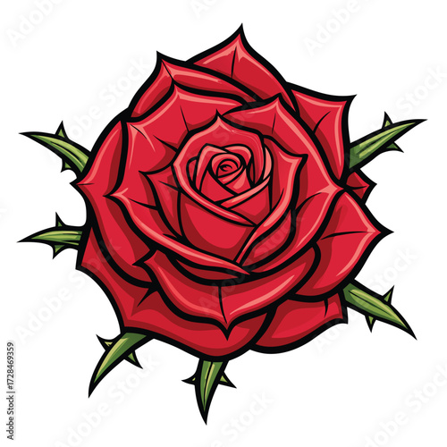 Bold red rose with sharp thorns is featured in a stylized vector