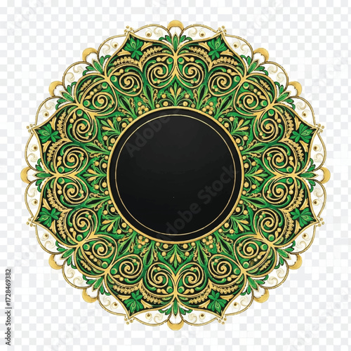 Intricate green mandala design with central black circle decorative element vector