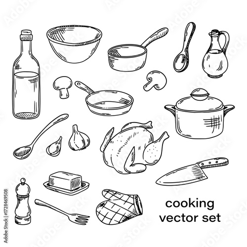 Vector set of kitchen utensils. Cooking chicken, main course, lunch. Sketch of kitchen utensils. Vector illustrations.