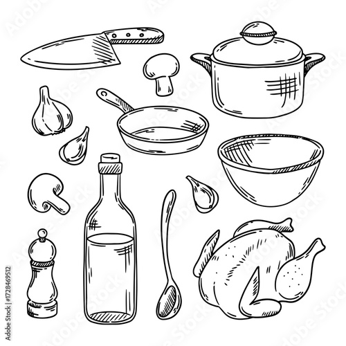 Vector set of kitchen utensils. Cooking chicken, main course, lunch. Sketch of kitchen utensils. Vector illustrations.