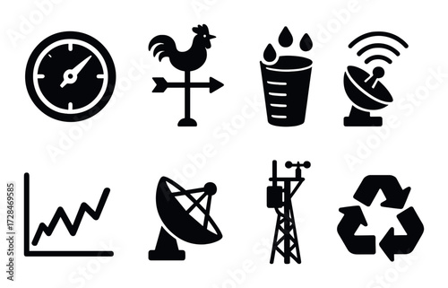 Weather station symbols: gauge, rooster, rain, satellite, graph, and recycle icons