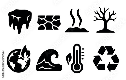 Silhouette icons of climate change and environmental symbols