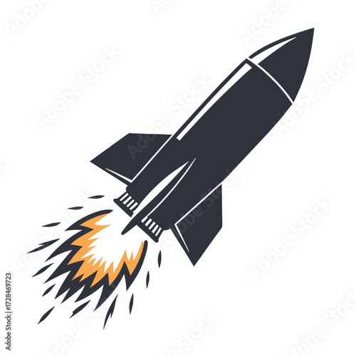 Burning missile soars upward leaving a trail of fire and smoke behind it