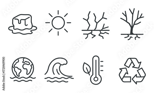 Climate change icons: ice, sun, drought, tree, earth, wave, temperature, recycling