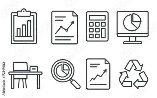 Business and analytics icons: plots, calculator, desk, magnifying glass, recycling