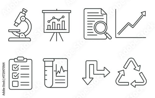 Science and analysis icons on metallic background featuring microscopes and graphs