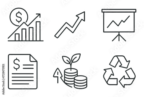 Economic growth and sustainability icons with graphs and recycling symbol