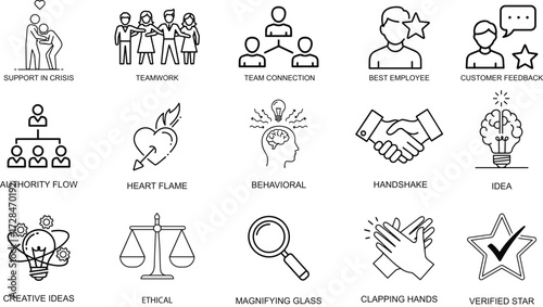 Business Concepts Line Icons Set for Website and Mobile App Development and Marketing Material Featuring Teamwork Support Crisis Ethical Behavior and Creative Idea Generation