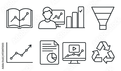 Business analytics icons: growth, metrics, funnel, and recycling symbols