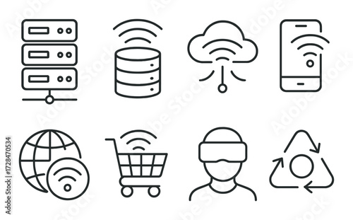 Minimalist technology icons: cloud, smartphone, vr, server, shopping, recycling, earth, wi-fi