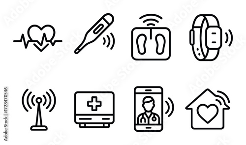 Health monitoring icons: heartbeat, temperature, tracking devices, and medical services