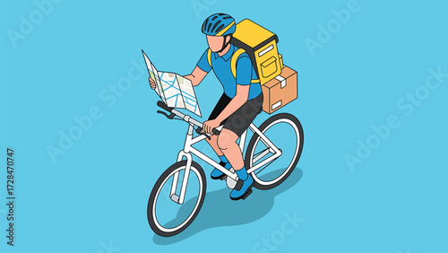 Vector Isometric Illustration: Delivery Cyclist Navigating with a Paper Map, Carrying Packages for Urban Logistics