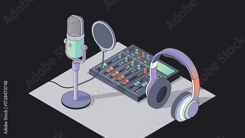 Vibrant Vector Art of an Isometric Home Recording Studio Setup: Professional Microphone, Audio Mixer, and Headphones
