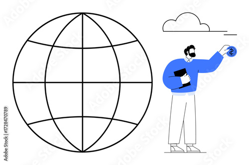 Man holding a book and touching a worldwide network graphic with a wireless symbol, representing global connectivity and technology. Ideal for tech, education, communication, innovation, business