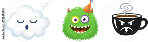 Dreamy Cloud, Cheerful Monster, and Grumpy Coffee Cup An Expressive Emoji Trio