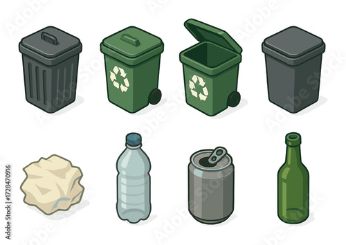Recycling bins and waste objects with metal can, plastic bottle, glass bottle, and paper