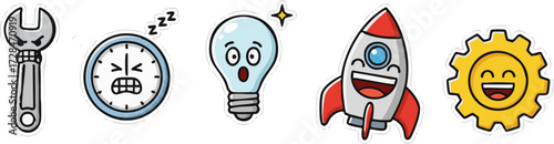 Charming set of expressive cartoon icons featuring a wrench, clock, lightbulb, rocket, and gear, perfect for illustrating various business concepts and emotions