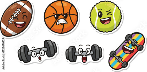 A fun collection of cute kawaii-style sports character stickers with funny expressions, featuring a football, basketball, tennis ball, skateboard, and dumbbells