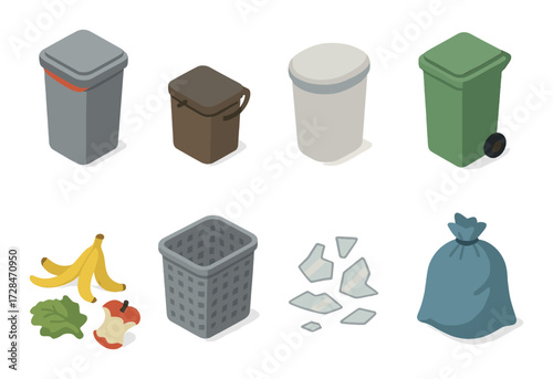 Illustrations of various trash bins and types of waste for recycling awareness