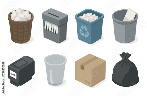 Set of eight icons: trash cans, shredders, recycling bin, cardboard box, plastic cup, ink cartridge