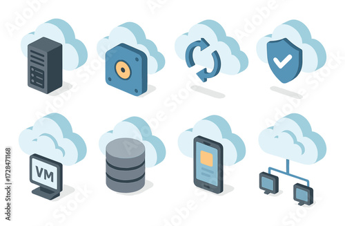 Cloud computing icons with server, disk, security, and synchronization elements