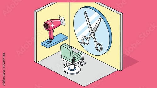 Isometric Hair Salon Station Vector Illustration with Barber Chair, Hairdryer, and Scissors Reflected in Mirror