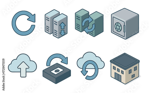 Data backup and recovery icons illustration with cloud and server symbols