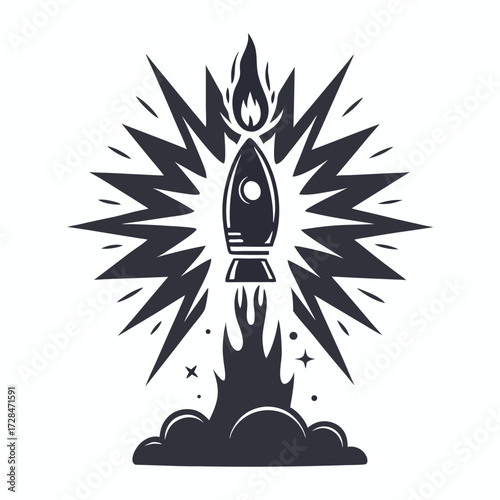 Detailed black and white burning torch with classic flames radiating upward gives a powerful look