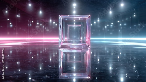 Futuristic Abstract Interior with Crystal Square Structure Blue and Pink Light Reflective Floor and Glowing Lights in the Background