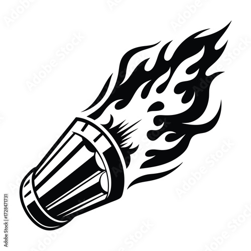 Detailed black outline features a conga drum engulfed by stylized blazing fire flames
