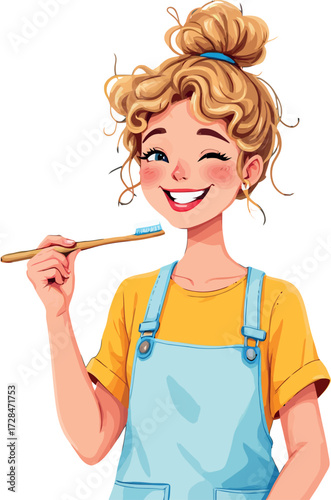 Vsai woman winking holding bamboo toothbrush promoting oral hygiene