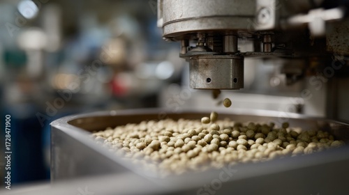 Industrial steel contraption cascades vibrant green soybeans, symbolizing Japan's fruitful Aki Matsuri harvest and modern-day alchemy