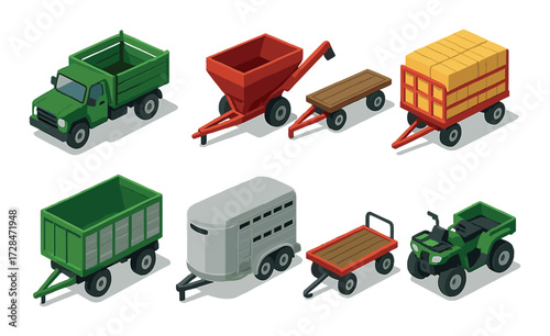 Isometric farm vehicles collection: trucks, trailers, hay wagon, tractor, quad