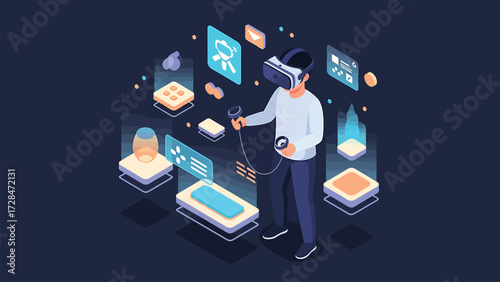 Immersive Virtual Reality Experience with Interactive Digital Elements - Vector Isometric Illustration of Metaverse Interaction