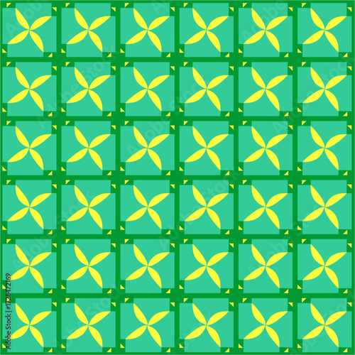Golden petals bloom in structured green frames, weaving symmetry, repetition, and rhythm into a geometric garden of endless patterned beauty.