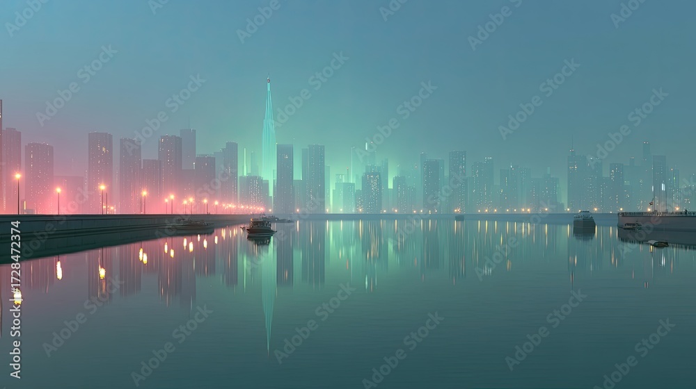 Naklejka premium Futuristic City Skyline Reflection with Teal and Red Lighting in Evening Haze