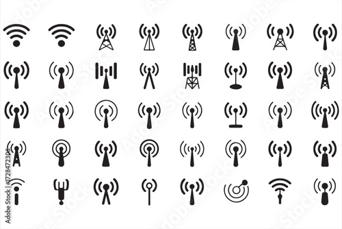 Wireless connectivity doodle vector pack, outline icons of antennas, towers, and communication radio waves