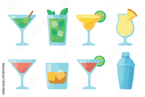 Vibrant glowing cocktails collection: martini, mojito, margarita, piña colada, old fashioned, and shaker