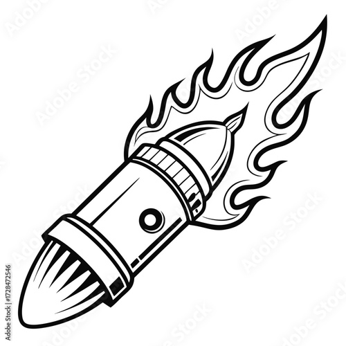 Flaming bullet hurtles forward, leaving a trail of fire and fury in simple black