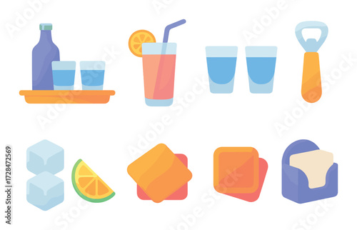 Colorful beverage icons with drinks, glasses, and bar tools